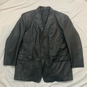 Men's Vintage Black Leather Blazer Jacket, Size XL